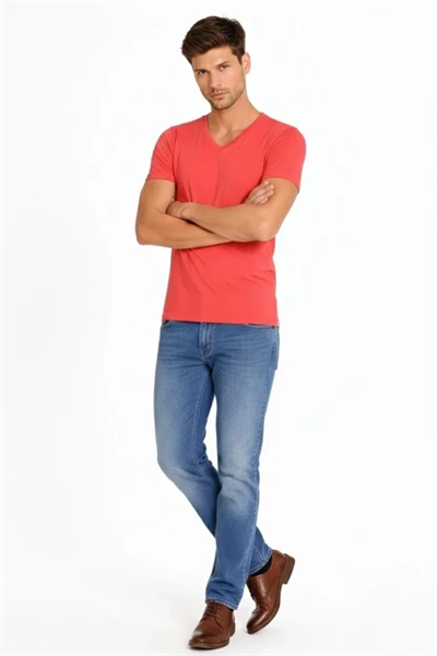 Erkek T-Shirt V Yaka Slim Fit Dar Kesim Likralı Tişört Günlük Basic Body - Nar Çiçeği