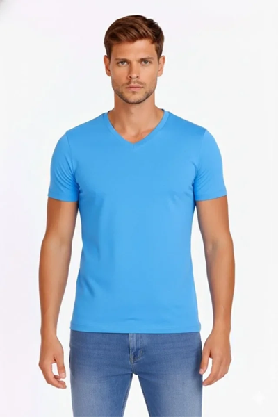 Erkek T-Shirt V Yaka Slim Fit Dar Kesim Likralı Tişört Günlük Basic Body - Açık Mavi