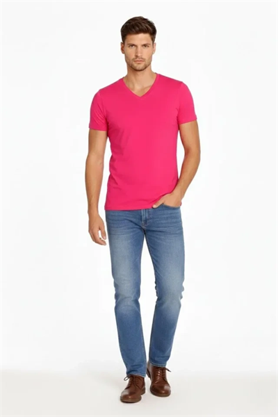 Erkek T-Shirt V Yaka Slim Fit Dar Kesim Likralı Tişört Günlük Basic Body - Pembe