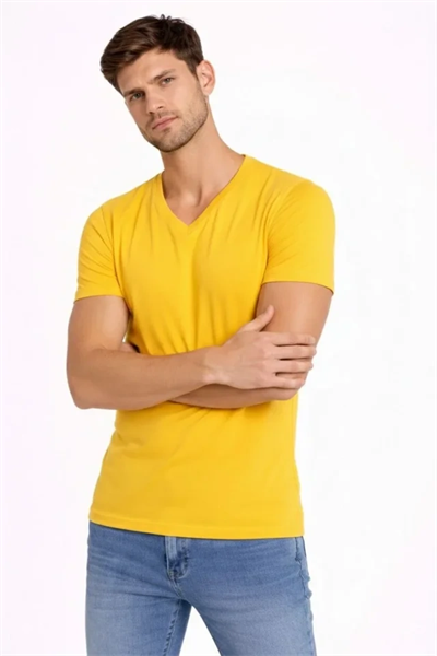 Erkek T-Shirt V Yaka Slim Fit Dar Kesim Likralı Tişört Günlük Basic Body - Limon