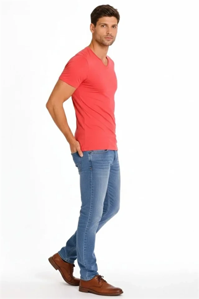 Erkek T-Shirt V Yaka Slim Fit Dar Kesim Likralı Tişört Günlük Basic Body - Nar Çiçeği