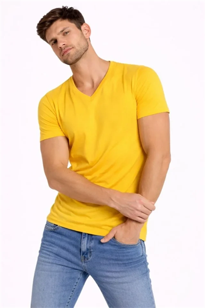 Erkek T-Shirt V Yaka Slim Fit Dar Kesim Likralı Tişört Günlük Basic Body - Limon