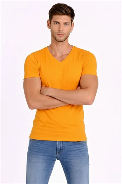 Erkek T-Shirt V Yaka Slim Fit Dar Kesim Likralı Tişört Günlük Basic Body - Sarı
