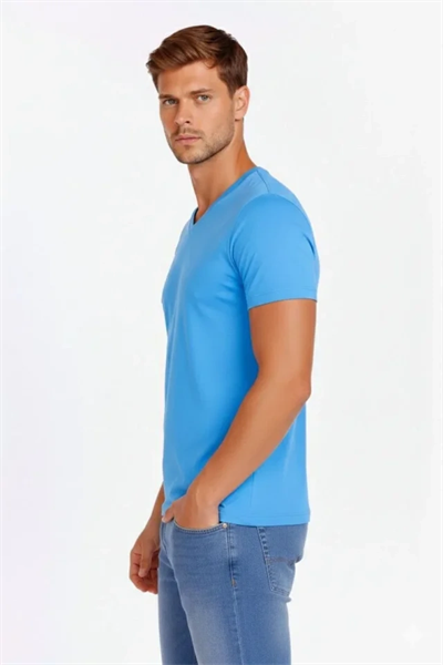 Erkek T-Shirt V Yaka Slim Fit Dar Kesim Likralı Tişört Günlük Basic Body - Açık Mavi