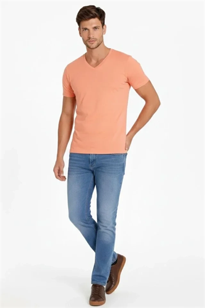 Erkek T-Shirt V Yaka Slim Fit Dar Kesim Likralı Tişört Günlük Basic Body - Toz Pembe
