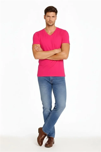 Erkek T-Shirt V Yaka Slim Fit Dar Kesim Likralı Tişört Günlük Basic Body - Pembe