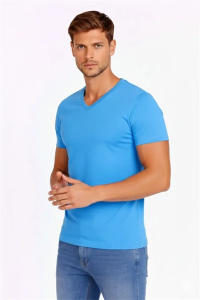 Erkek T-Shirt V Yaka Slim Fit Dar Kesim Likralı Tişört Günlük Basic Body - Açık Mavi