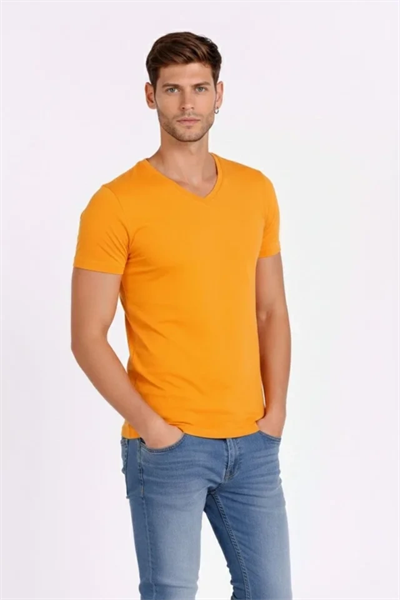 Erkek T-Shirt V Yaka Slim Fit Dar Kesim Likralı Tişört Günlük Basic Body - Sarı