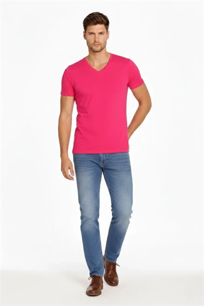 Erkek T-Shirt V Yaka Slim Fit Dar Kesim Likralı Tişört Günlük Basic Body - Pembe