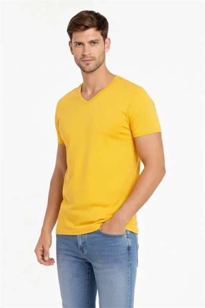 Erkek T-Shirt V Yaka Slim Fit Dar Kesim Likralı Tişört Günlük Basic Body - Limon