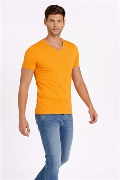 Erkek T-Shirt V Yaka Slim Fit Dar Kesim Likralı Tişört Günlük Basic Body - Sarı