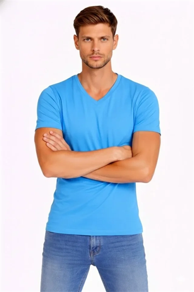 Erkek T-Shirt V Yaka Slim Fit Dar Kesim Likralı Tişört Günlük Basic Body - Açık Mavi