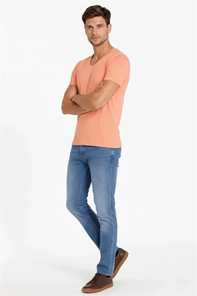 Erkek T-Shirt V Yaka Slim Fit Dar Kesim Likralı Tişört Günlük Basic Body - Toz Pembe