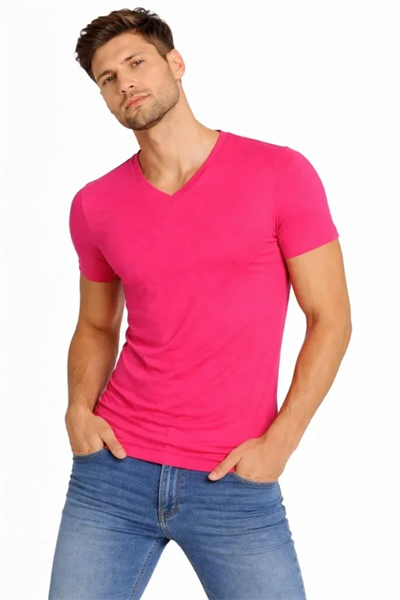 Erkek T-Shirt V Yaka Slim Fit Dar Kesim Likralı Tişört Günlük Basic Body - Pembe