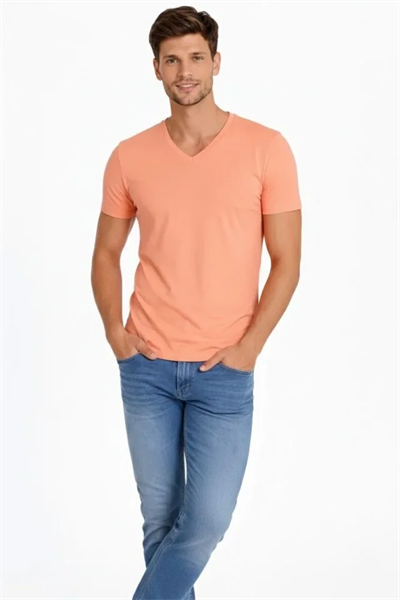 Erkek T-Shirt V Yaka Slim Fit Dar Kesim Likralı Tişört Günlük Basic Body - Toz Pembe