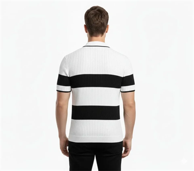 Erkek T-shirt Çizgili Triko Dokuma Kumaş Polo Yaka Yarım Fermuarlı Regular Kalıp Tişört - Beyaz