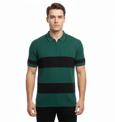 Erkek T-shirt Çizgili Triko Dokuma Kumaş Polo Yaka Yarım Fermuarlı Regular Kalıp Tişört - Çağla Yeşili