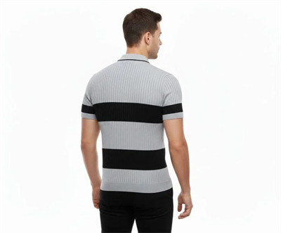 Erkek T-shirt Çizgili Triko Dokuma Kumaş Polo Yaka Yarım Fermuarlı Regular Kalıp Tişört - Gri