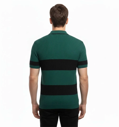 Erkek T-shirt Çizgili Triko Dokuma Kumaş Polo Yaka Yarım Fermuarlı Regular Kalıp Tişört - Çağla Yeşili