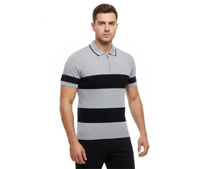 Erkek T-shirt Çizgili Triko Dokuma Kumaş Polo Yaka Yarım Fermuarlı Regular Kalıp Tişört - Gri