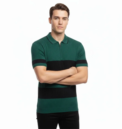 Erkek T-shirt Çizgili Triko Dokuma Kumaş Polo Yaka Yarım Fermuarlı Regular Kalıp Tişört - Çağla Yeşili