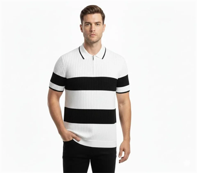 Erkek T-shirt Çizgili Triko Dokuma Kumaş Polo Yaka Yarım Fermuarlı Regular Kalıp Tişört - Beyaz