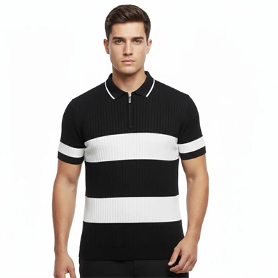 Erkek T-shirt Çizgili Triko Dokuma Kumaş Polo Yaka Yarım Fermuarlı Regular Kalıp Tişört - Siyah