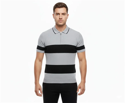 Erkek T-shirt Çizgili Triko Dokuma Kumaş Polo Yaka Yarım Fermuarlı Regular Kalıp Tişört - Gri
