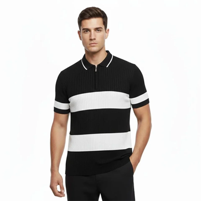 Erkek T-shirt Çizgili Triko Dokuma Kumaş Polo Yaka Yarım Fermuarlı Regular Kalıp Tişört - Siyah