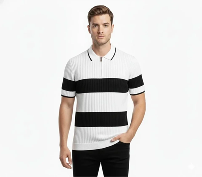 Erkek T-shirt Çizgili Triko Dokuma Kumaş Polo Yaka Yarım Fermuarlı Regular Kalıp Tişört - Beyaz