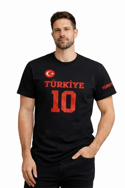 Erkek TÜRKİYE Ay Yıldız Baskılı 10 Numara Forma Tişört Taraftar T-Shirt - Siyah
