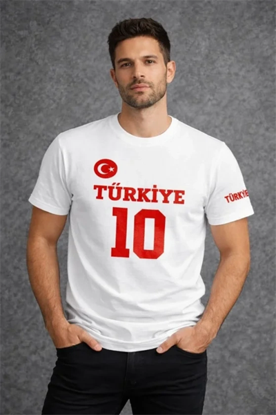 Erkek TÜRKİYE Ay Yıldız Baskılı 10 Numara Forma Tişört Taraftar T-Shirt - Beyaz