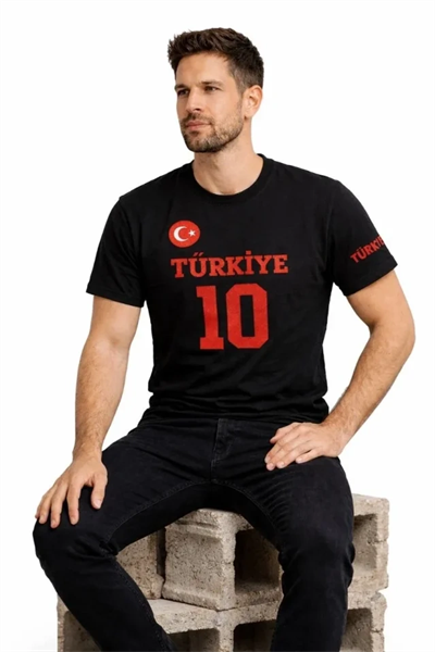 Erkek TÜRKİYE Ay Yıldız Baskılı 10 Numara Forma Tişört Taraftar T-Shirt - Siyah