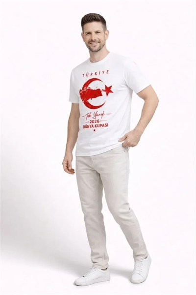 Erkek TÜRKİYE Ay Yıldız Baskılı Taraftar Forma T-Shirt - Beyaz