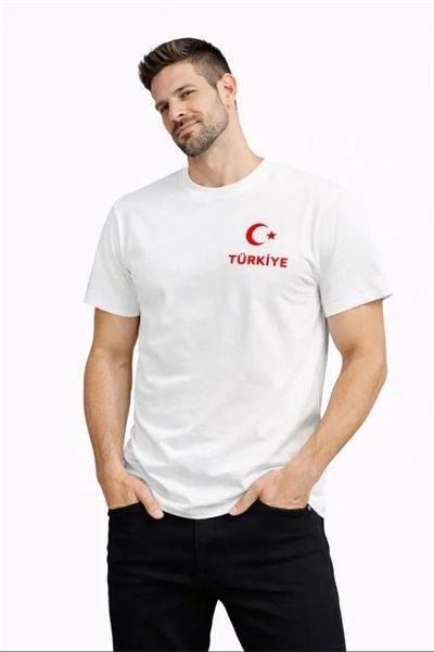 Erkek TÜRKİYE Ay Yıldız Baskılı Taraftar Forma T-Shirt - Beyaz