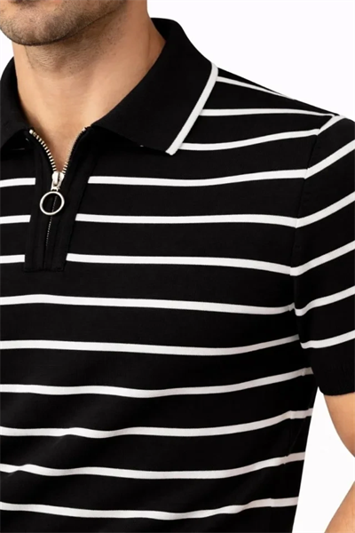 Erkek Triko Polo Yaka Fermuarlı Çizgili Tişört T-Shirt Yazlık Şık - Siyah
