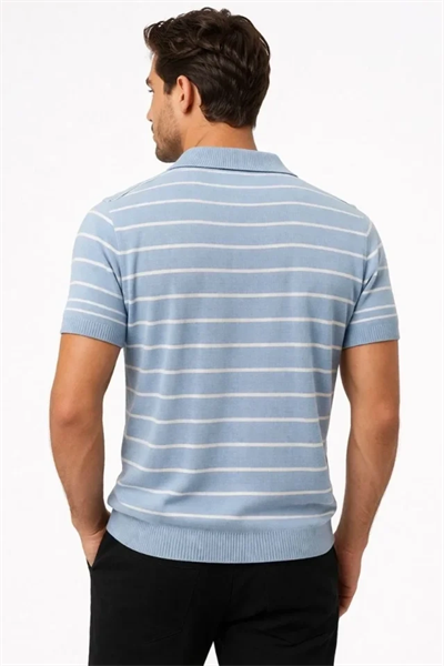 Erkek Triko Polo Yaka Fermuarlı Çizgili Tişört T-Shirt Yazlık Şık - Bebek Mavisi