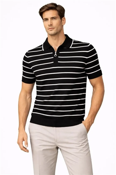 Erkek Triko Polo Yaka Fermuarlı Çizgili Tişört T-Shirt Yazlık Şık - Siyah