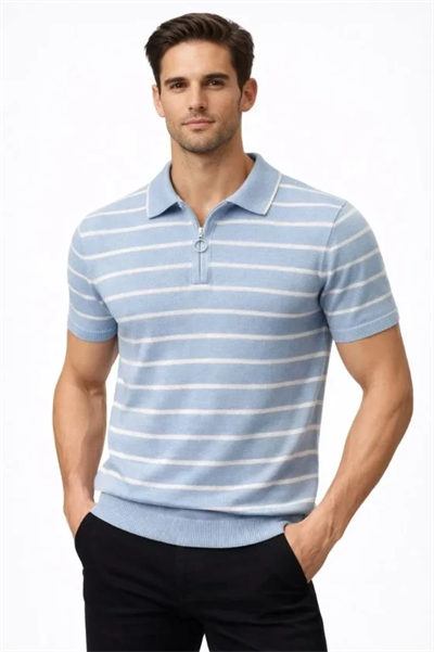 Erkek Triko Polo Yaka Fermuarlı Çizgili Tişört T-Shirt Yazlık Şık - Bebek Mavisi