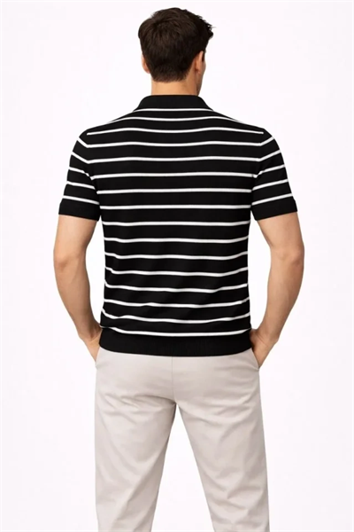 Erkek Triko Polo Yaka Fermuarlı Çizgili Tişört T-Shirt Yazlık Şık - Siyah