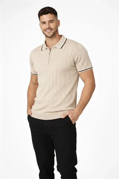 Erkek Triko Tişört Fermuar Yakalı Kısa Kol T-Shirt 3’lü Set Bej-Beyaz-Siyah