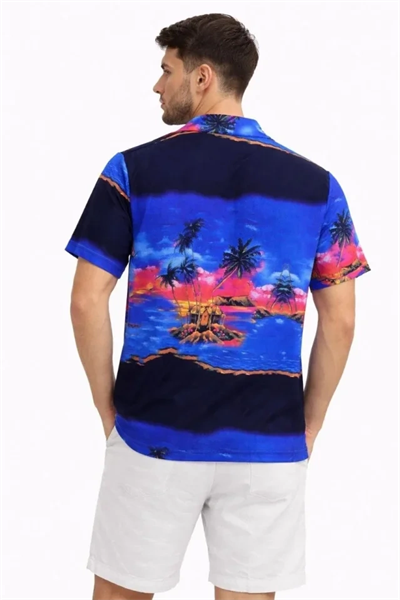 Erkek Tropikal Ada Manzara Desenli Kısa Kol Gömlek Hawaii Tarz Yazlık Rahat Kalıp - Desenli