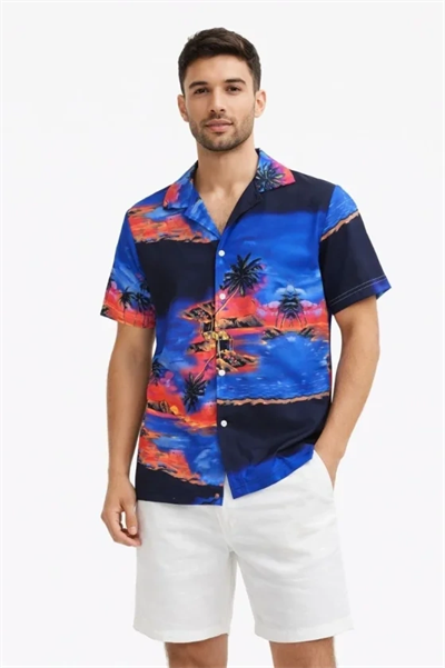 Erkek Tropikal Ada Manzara Desenli Kısa Kol Gömlek Hawaii Tarz Yazlık Rahat Kalıp - Desenli