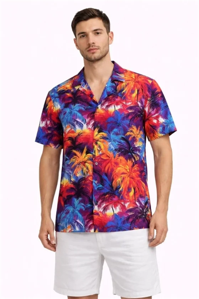 Erkek Tropikal Desenli Kısa Kol Gömlek Rahat Kalıp Yazlık Hawaii Tarz - Desenli