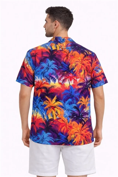 Erkek Tropikal Desenli Kısa Kol Gömlek Rahat Kalıp Yazlık Hawaii Tarz - Desenli