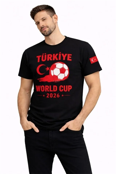 Erkek Türkiye World Cup 2026 Baskılı Tişört Futbol Temalı Forma T-Shirt - Siyah