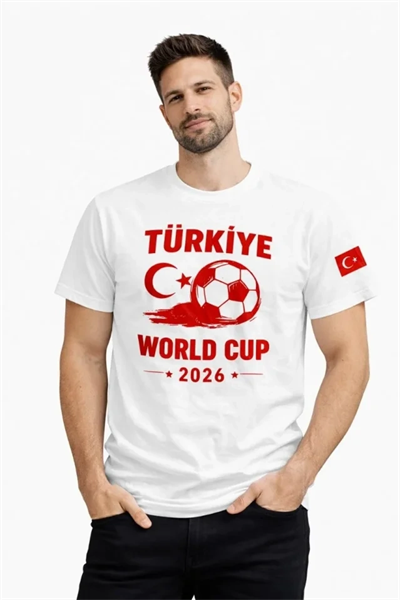 Erkek Türkiye World Cup 2026 Baskılı Tişört Futbol Temalı Forma T-Shirt - Beyaz
