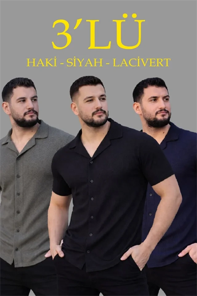 Erkek Waffle Dokuma Açık Yakalı Düğmeli Regular Kalıp 3’lü Gömlek Seti - Siyah, Haki, Lacivert