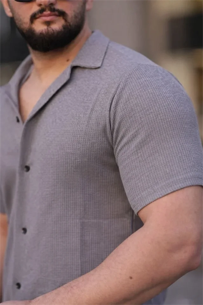 Erkek Waffle Dokuma Açık Yakalı Düğmeli Regular Kalıp 2’li Gömlek Seti - Beyaz - Gri