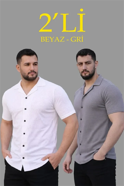 Erkek Waffle Dokuma Açık Yakalı Düğmeli Regular Kalıp 2’li Gömlek Seti - Beyaz - Gri
